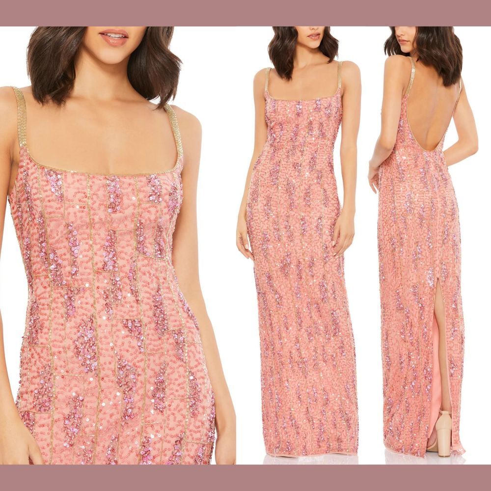 NWD $398 Mac Duggal [ 2 ] Embellished Sequined Slip Gown in‎ Pink Gold S939